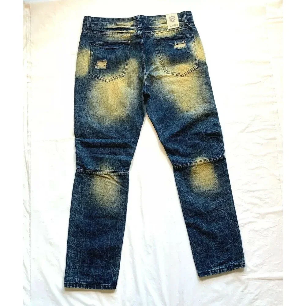 Encrypted Jeans Mens‎ 38x33 Distressed Acid Wash Relaxed Biker Moto Quilted NEW